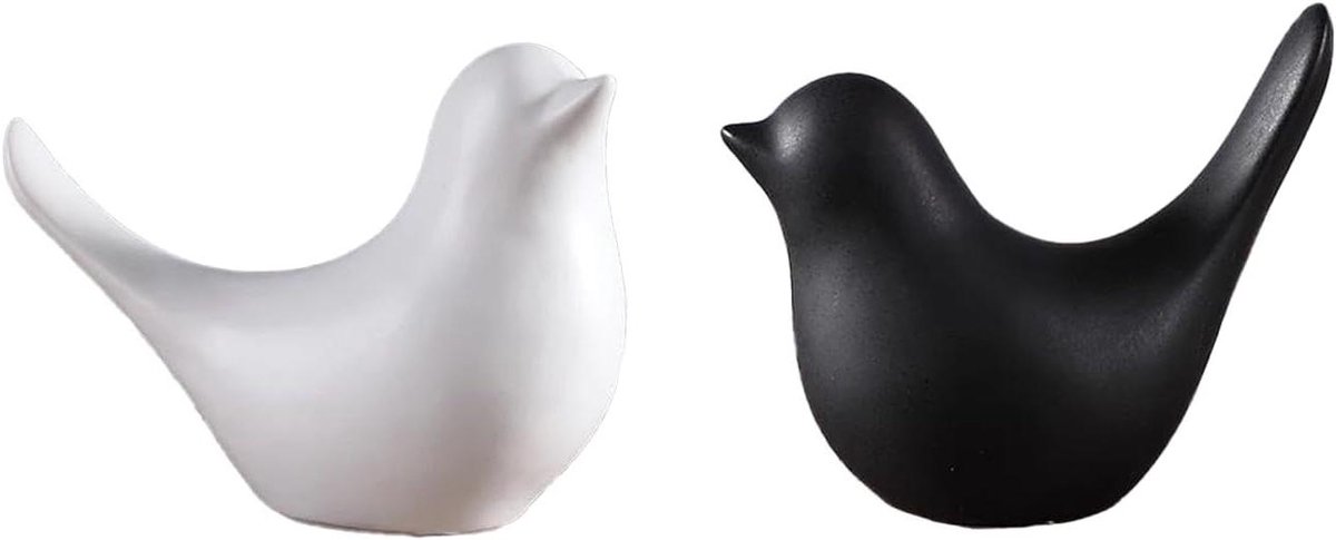 Keramische Vogel Beelden - Vogel Decoratie Set - Woonkamer Aankleden - Handgemaakt Verfijnd Design - 2 maten - Zwart Wit