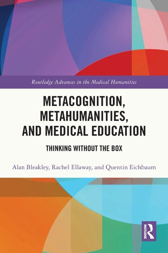 Boek 'Metacognition, Metahumanities, and Medical Education' met geometrische patronen in paars, rood en oranje.