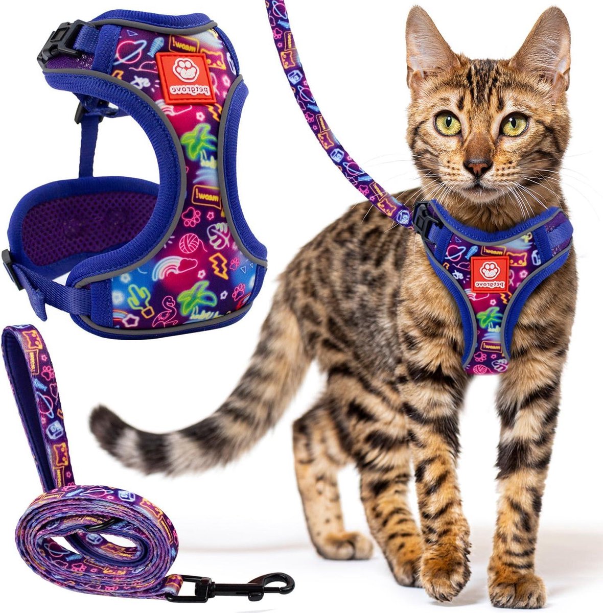 Kattenharnas en riemset om te wandelen, ontsnappingsbestendige tuigjes voor katten, ademend gaas met reflecterende strips - (Neon Nights), XS