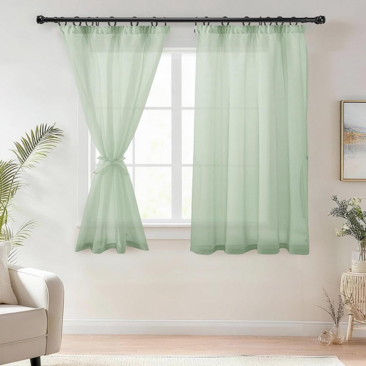Voile Gordijnen - Linnenlook Gordijnen - Woonkamer Decoratie - Met Plooiband - 145 x 140 cm - Groen