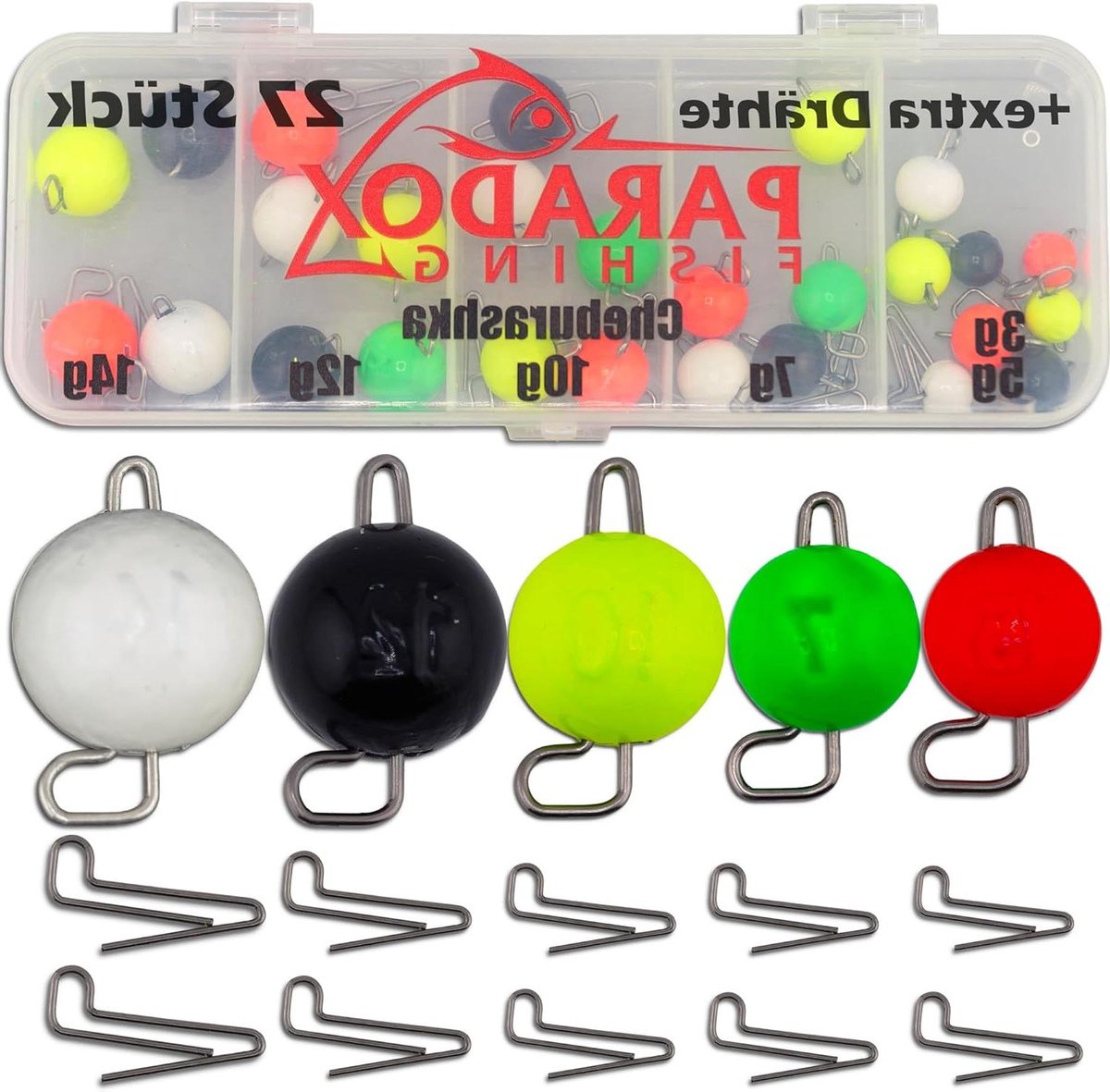 Cheburashka Loodset, 27 stuks, 3 g/5 g/7 g/10 g/12 g/14 g), elk 4/5 stuks, met doos (59-delig), lood voor offset haken, dropshot lood, drop-shot lood, jigkoppen, hengellood