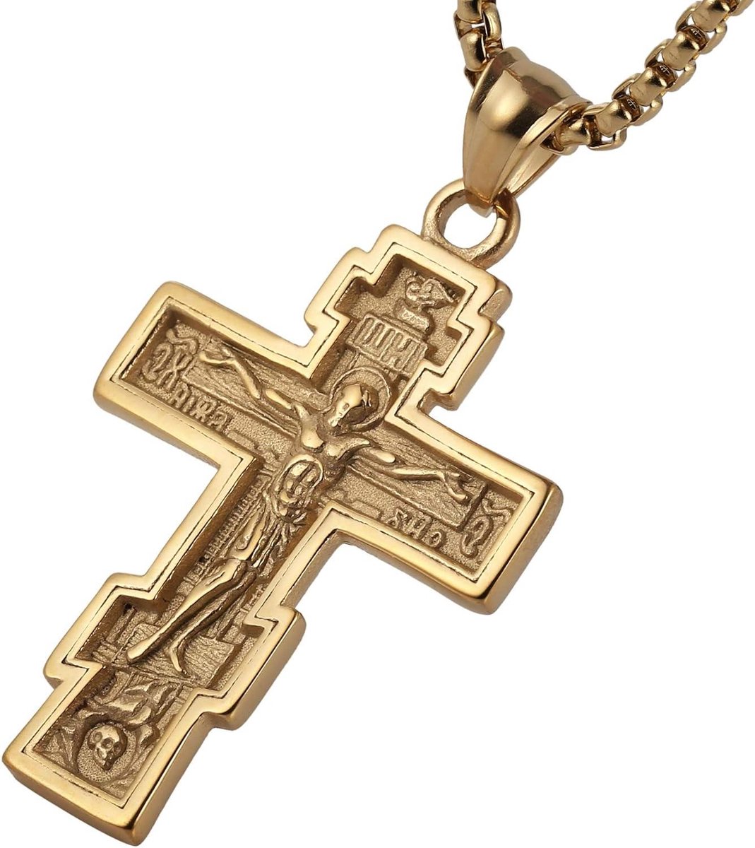 Kruis Hanger - Religieus Sieraad - Dagelijks Dragen - Roestvrij Staal - 22+5cm Ketting - Zilver Goud Zwart