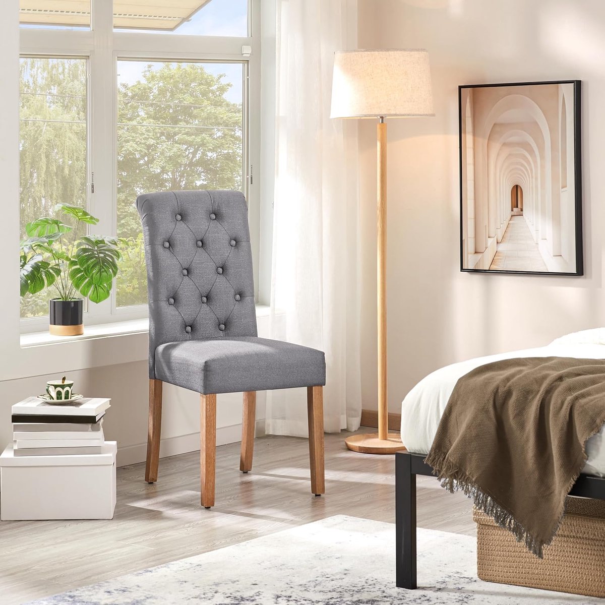 Elegante Luxe Eetkamerstoelen Set van 2 met Hoge Rugleuning en Massief Houten Poten – Comfortabele Gestoffeerde Stoelen van Linnen met Afmetingen 62 x 45,5 x 98,5 cm, Donkergrijs
