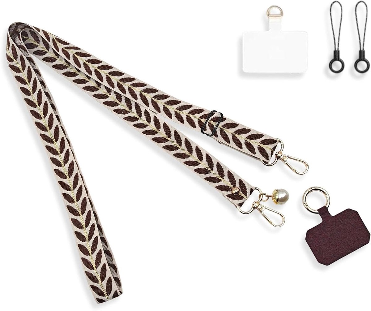 Verstelbare Telefoonketting voor Hangend Gebruik, Lanyard Telefoonriem met Telefoonhouder, Bruin, Geschikt voor Sleutels en Diensten, Lengte 43-72 cm