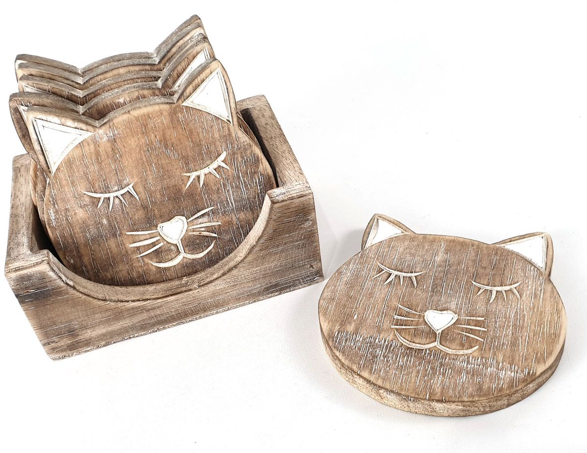Woodart houten onderzetters kat/poes 6 stuks in houder naturel