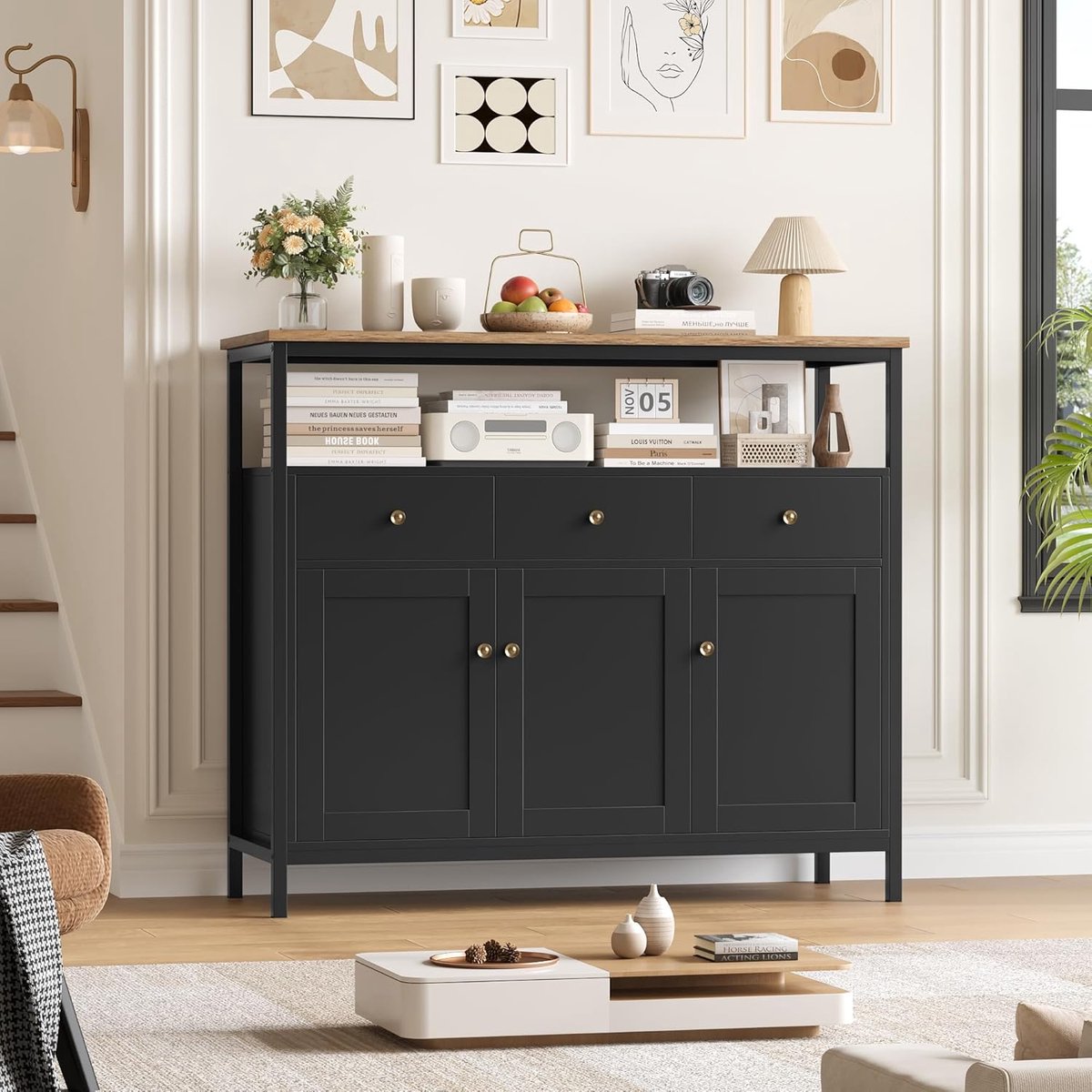 Dressoir Kast 3 Deuren 3 Laden 108x98,5x38 cm Keukenkast met Open Vak en Verstelbare Plank Moderne Woonkamer Kast Zwart Urbanhome