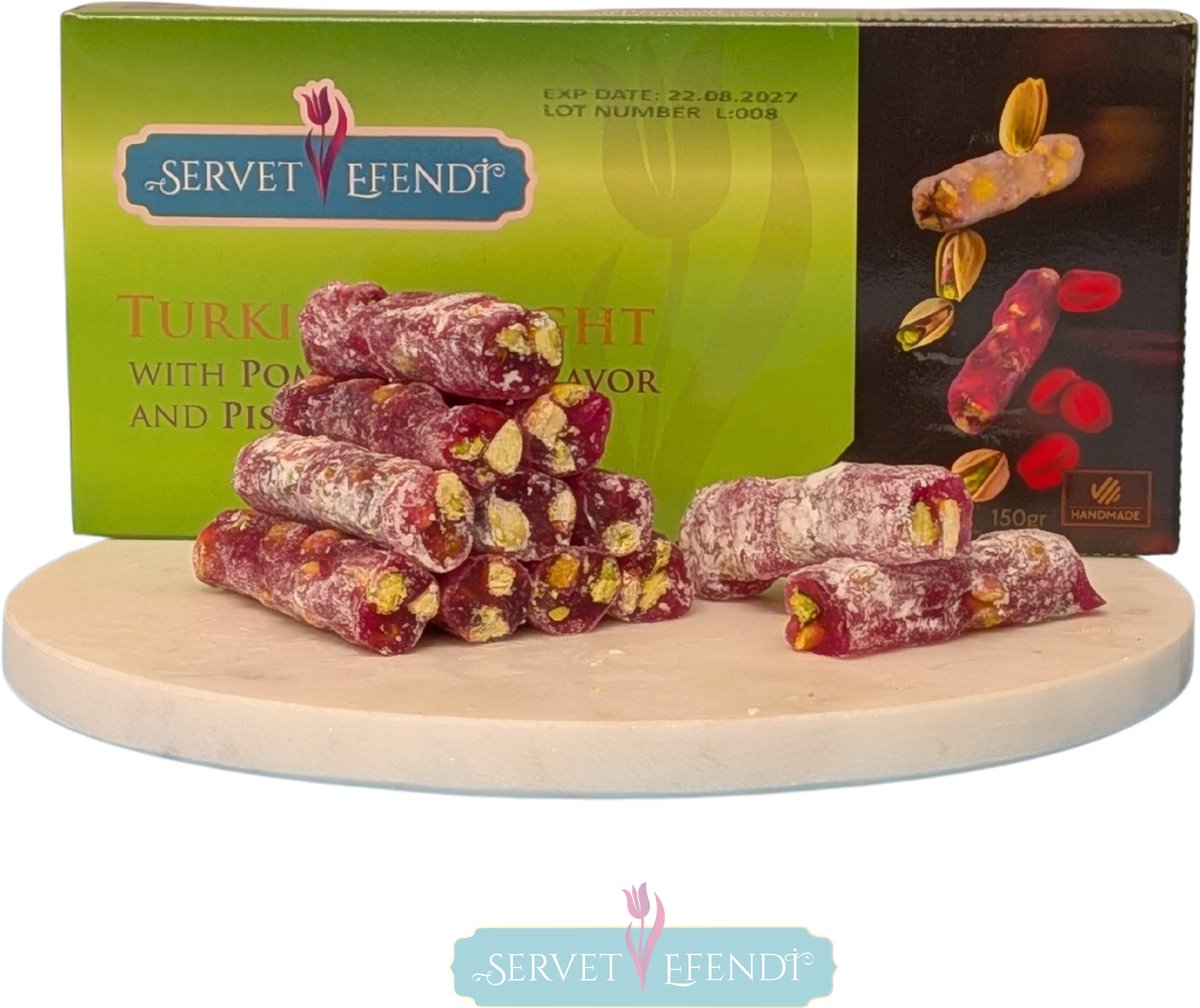 SERVET EFENDI - TURKISH DELIGHT - Pomegranate Flavor and Pistachio- Fistikli Narli Parmak Lokum- Granaatappel