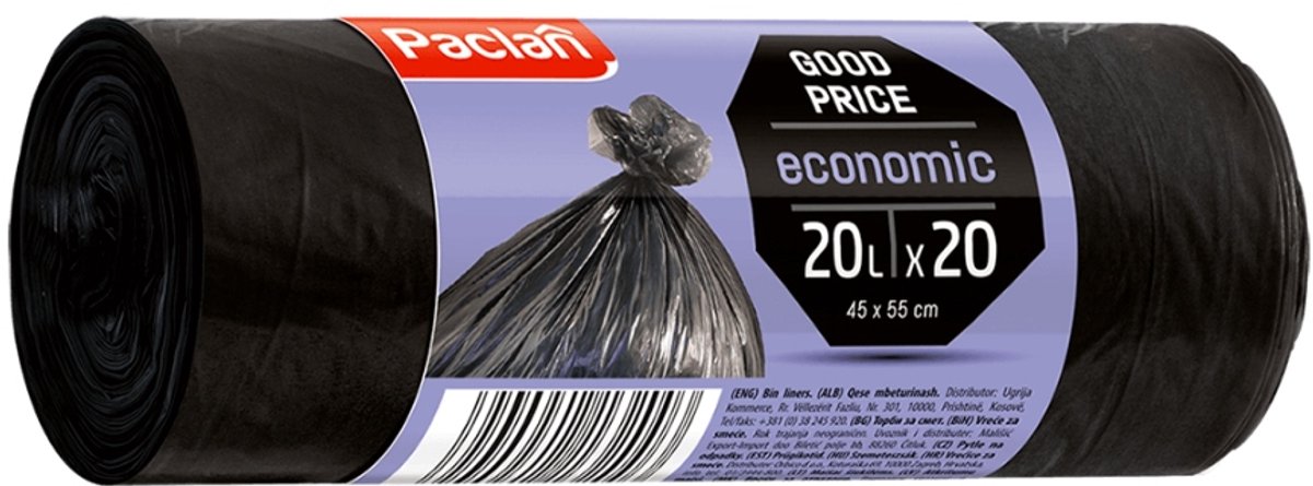 Paclan Economic Serie - Afvalzakken - 20 Liter - Zwart - 20 stuks