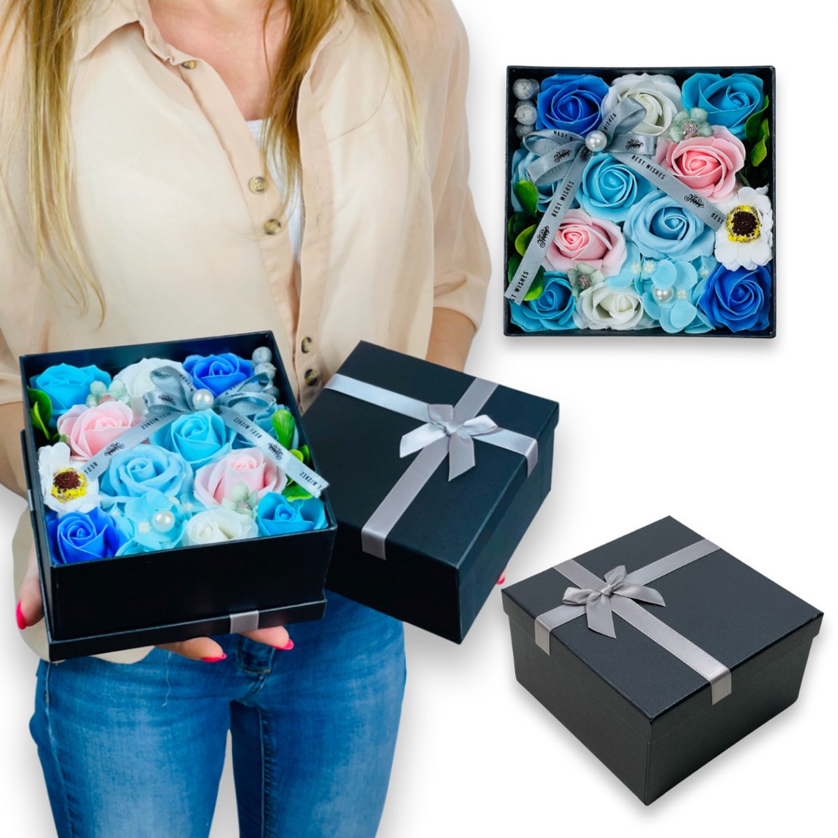 Inspiruj - Flowerbox met Blauwe Zeepbloemen - Rechthoekige Doos