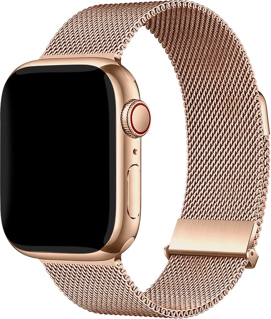 Rosegouden Apple Watch met een rosegouden Milanese bandje en sluiting, geïsoleerd op een witte achtergrond.