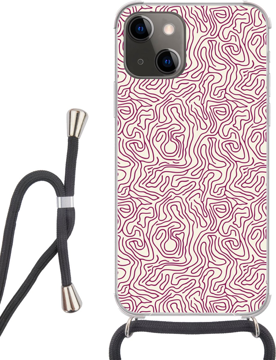 Telefoonhoesje Geschikt voor iPhone 13 - Kronkelende lijn - Magenta - Crème - Siliconen - Crossbody - Backcover met Koord - Telefoonhoesje met koord - Hoesje met touw Telefoonhoesje