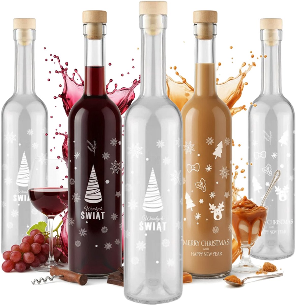 Bimberek Futura Serie - Glazen Fles met Kurk - 500ml - Kerstmotief - Hoogwaardig Glas