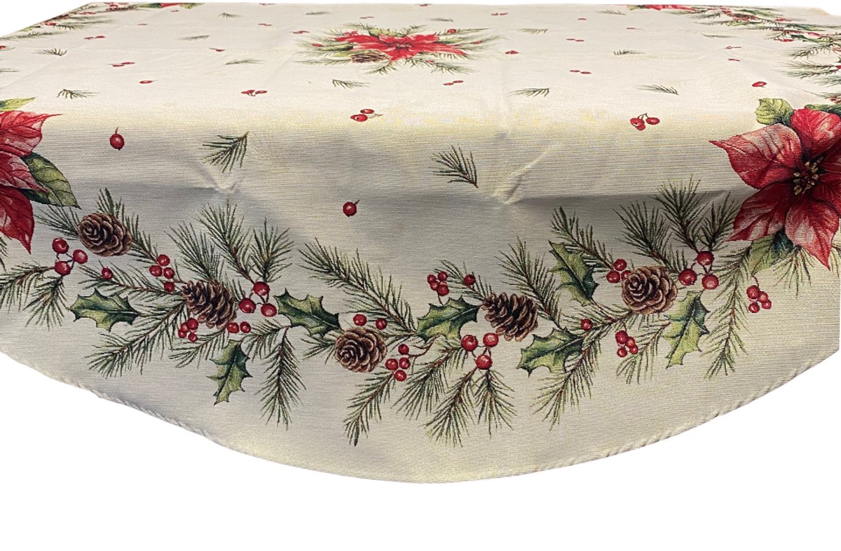 Tafelkleed - Luxe Gobelinstof - Kerst - Mary - Kerstroos - Kerstrozen - Dennenappels - Rond 160 cm