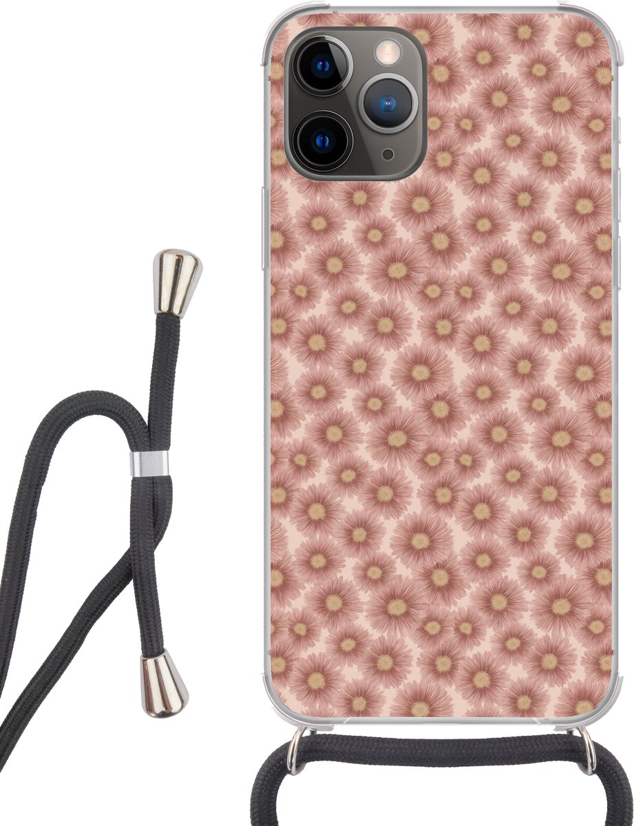 Telefoonhoesje Geschikt voor iPhone 12 pro crossbody - Gerbera - Bloemen - Roze - Siliconen - Crossbody - Backcover met Koord - Telefoonhoesje met koord - Hoesje met touw Telefoonhoesje