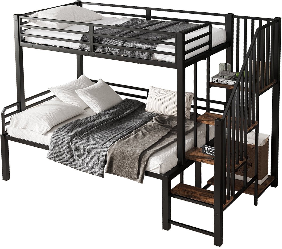 Merax Stapelbed 90x200 en 120x200 cm met Planken en Opbergruimte - Metaal en Hout - Zwart met Donkerbruin