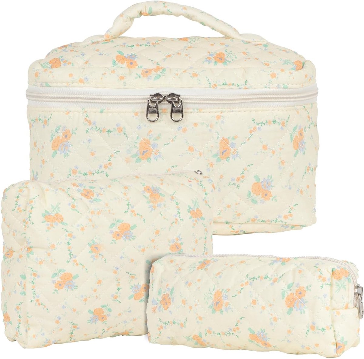 Set van 3 Cosmetica Tassen voor Vrouwen - Bloemen Toilettas, Draagbare Make-up Tas en Waszak - Ideaal voor Dagelijks Gebruik en Reizen in Romantische Boho Stijl