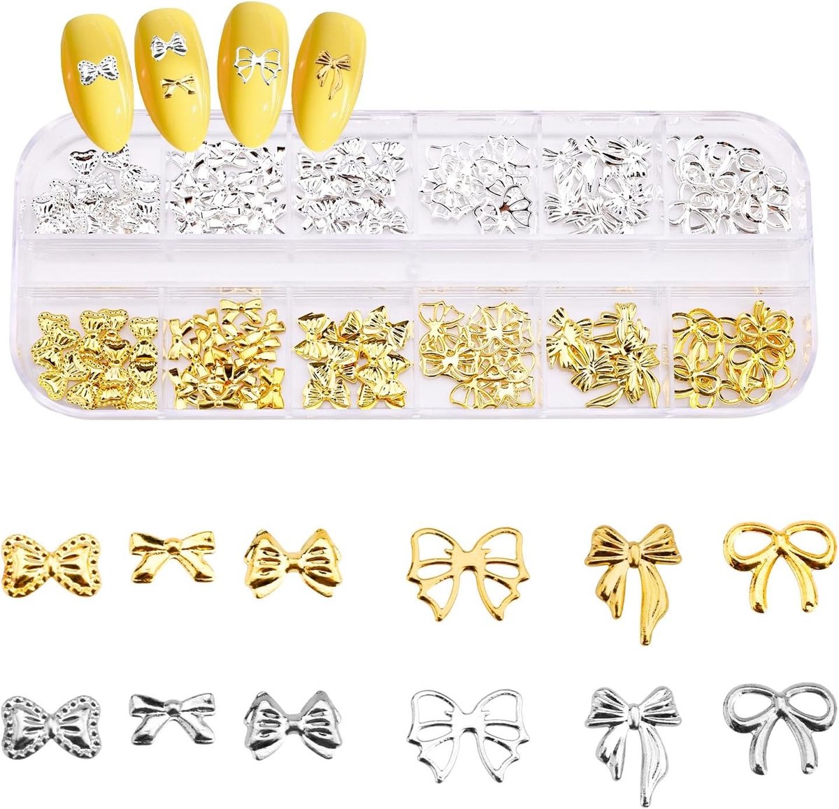 3D Boog Nagel Charms in 6 Ontwerpen, Versieringen voor Nagels met Strikjes in Zilver en Goud voor Manicure en Nagelkunst