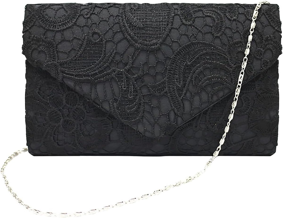 Elegante Zwarte Leren Envelop Tas, Satijnen Handtas, Bloemen Motief, Avondtas, 22x13x5cm, Perfect voor Feestjes en Uitgaan