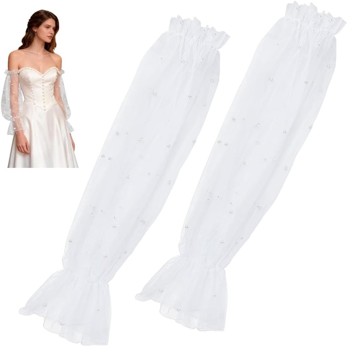 Detachable Bruidsmouwen van Tulle met Parels, Verwijderbare Puff Sleeves voor Bruidsjurk, Armaccessoires voor Vrouwen, Wit