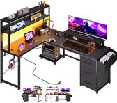 Gaming Bureau met LED Verlichting - 148x100x148 cm - L-Vormig Hoekbureau met Stopcontact - 3 Non Woven Lade - Gaming Desk - Computer Tafel - Gaming Tafel - met Opbergplanken, Tas & IJzeren Haak - Zwart - Bureau voor Gamen, Studeren en Werken