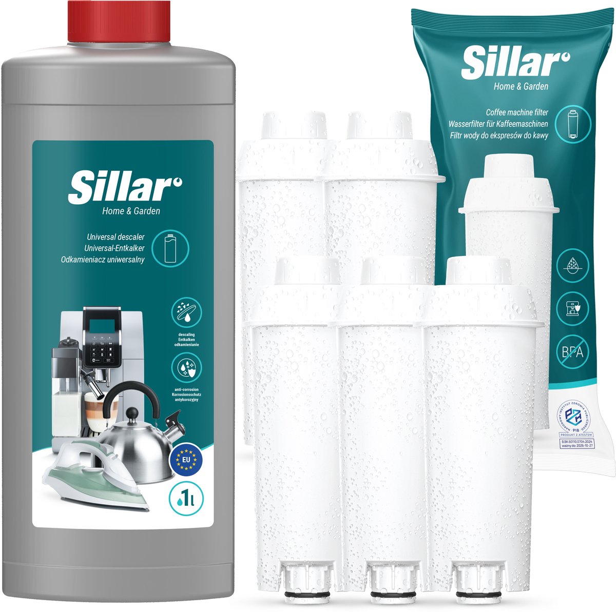 Sillar 5x waterfilter - vervanging voor DLS C002 SER3017 - compatibel met koffiezetapparaten DeLonghi Dinamica PrimaDonna, catridge + 1x Ontkalker 1L - koffiezetapparaat kit