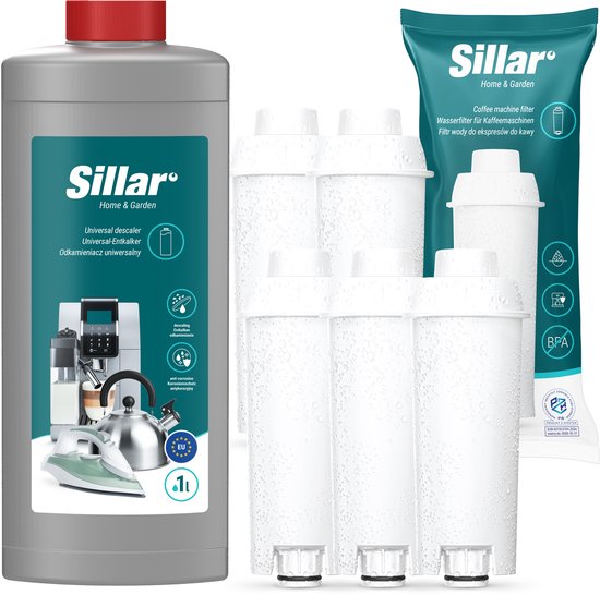Set met 1 fles Sillar ontkalker en 5 Sillar waterfilters. De ontkalker fles is grijs met een rood dopje. De filters zitten in een turquoise verpakking.