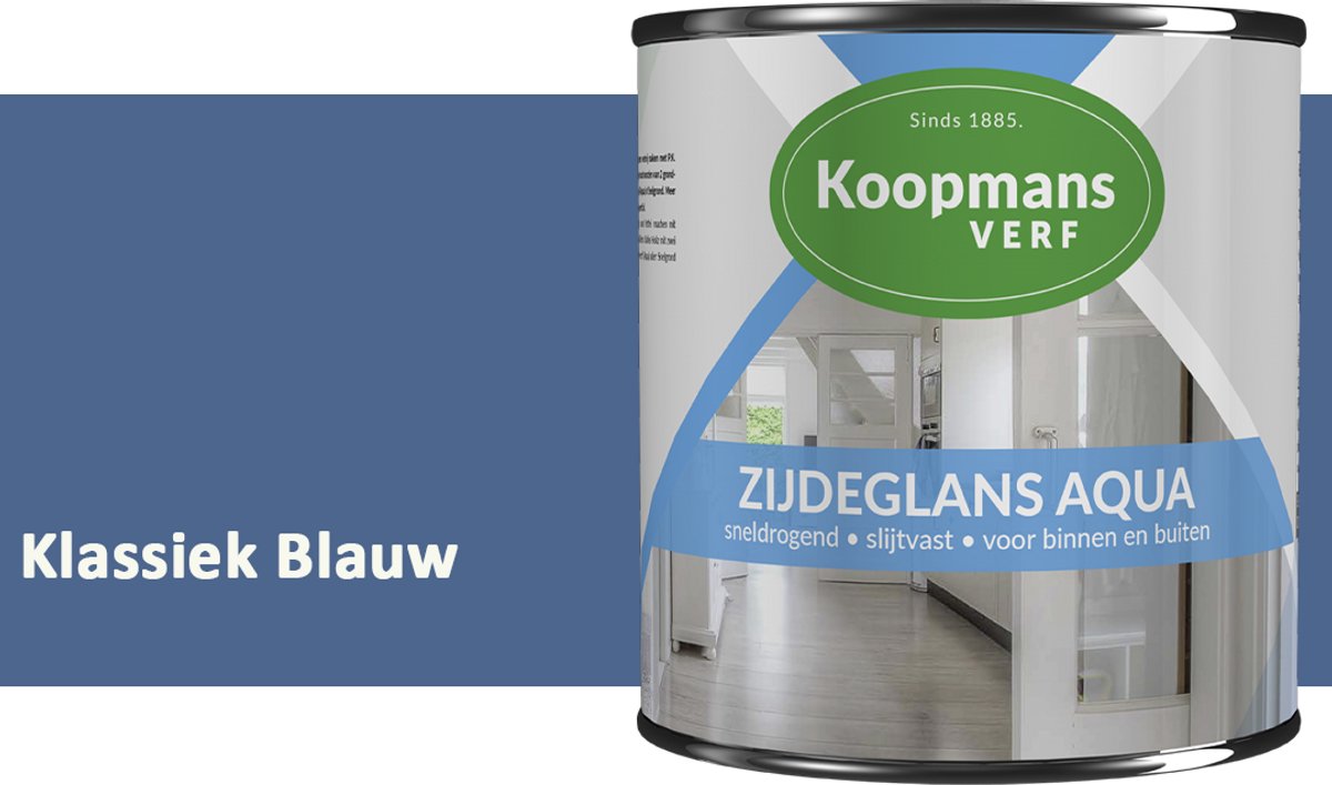 Koopmans Zijdeglans Aqua Lakverf – Zijdeglans houtlak voor kozijnen, deuren en meubels – Binnen & buiten – Watergedragen en sneldrogend – Klassiek Blauw – 750 ml