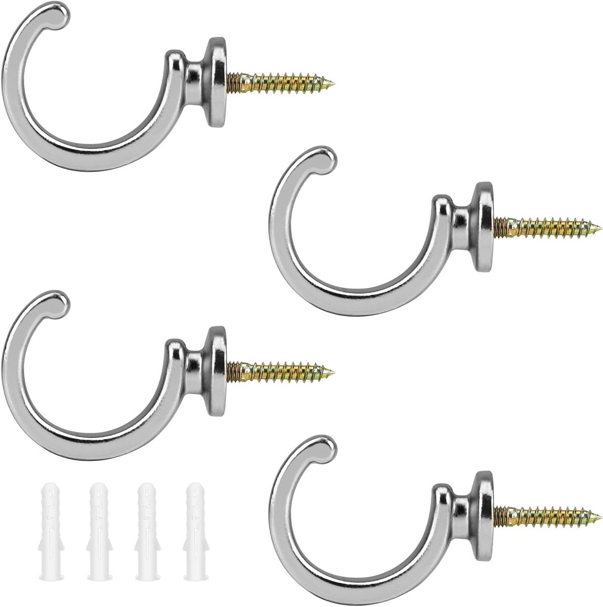 Set van 4 Decoratieve Gordijnhouders - Wandmontage, G-vormige Haakjes voor Thuis, Slaapkamer en Kantoor (Zilver)