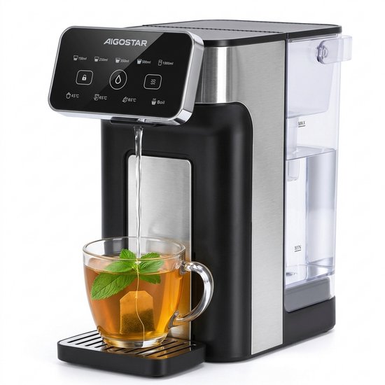 Distributeur d'eau chaude Aigostar - Capacité 3 litres - 45°C à 100°C - Écran tactile - Sans BPA - Bouilloire instantanée - Distributeur d'eau chaude - 2600 watts - Noir/Inox