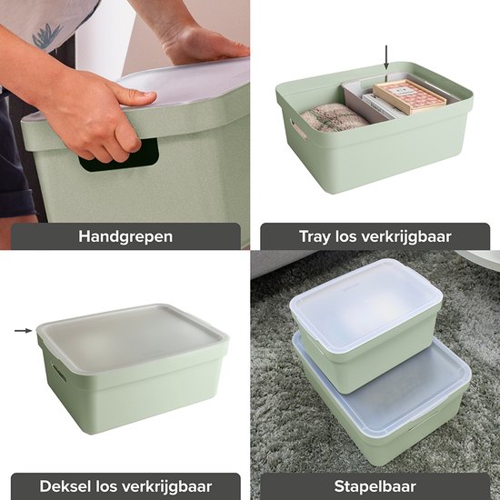 Montage van lichtgroene opbergboxen: handgrepen, stapelbaar, met of zonder los verkrijgbare deksels en trays.
