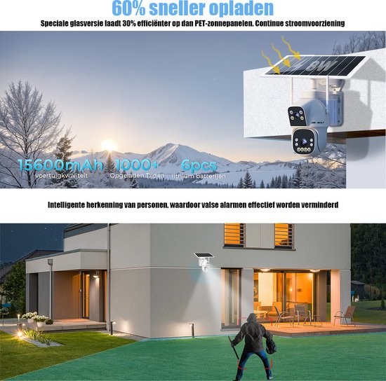 Genbolt camera met zonnepaneel en 15600mAh batterij in besneeuwde omgeving. Nachtzicht op een huis.