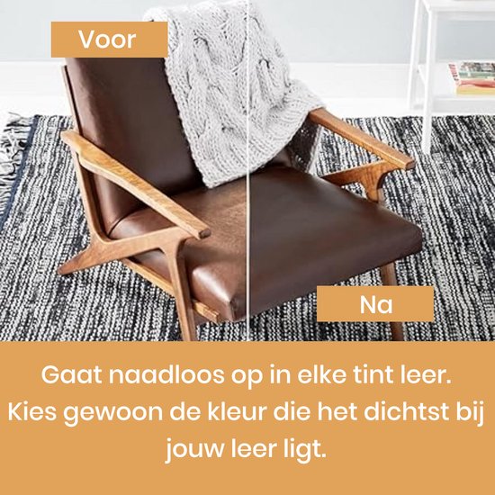Voor en na foto van een bruine leren stoel, de linkerhelft is de 'voor' kant en de rechterhelft de 'na' kant. Met gebreide deken erop.