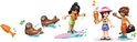 LEGO Friends figuurtjes: één op een surfplank, twee met drankjes en twee zeehonden met een visje.