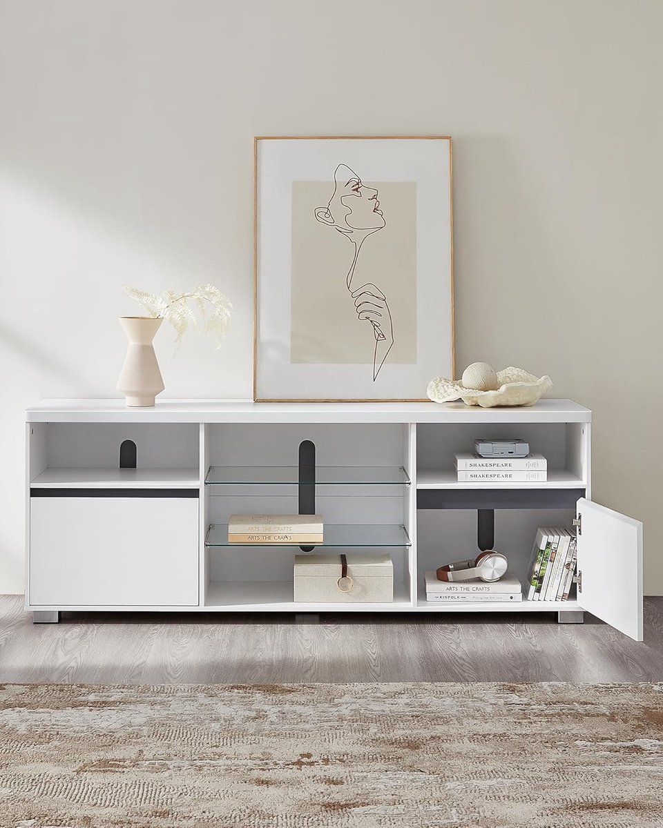 LumiKailyn LED TV Meubel 160 x 40 x 60 cm met Opbergruimte, Glazen Planken en Verlichting voor TV tot 70 Inch – Modern Wit Design – Casa Dorada