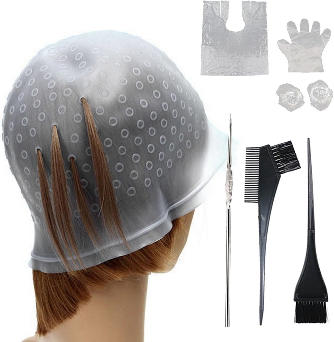 7 Pcs Silicone Highlight Cap Kit - Herbruikbare Haarverf Caps met Haak - Salon Haarverf Kam en Borstels - Schaal en Handschoenen - Enamel Cap Set voor Haarverf
