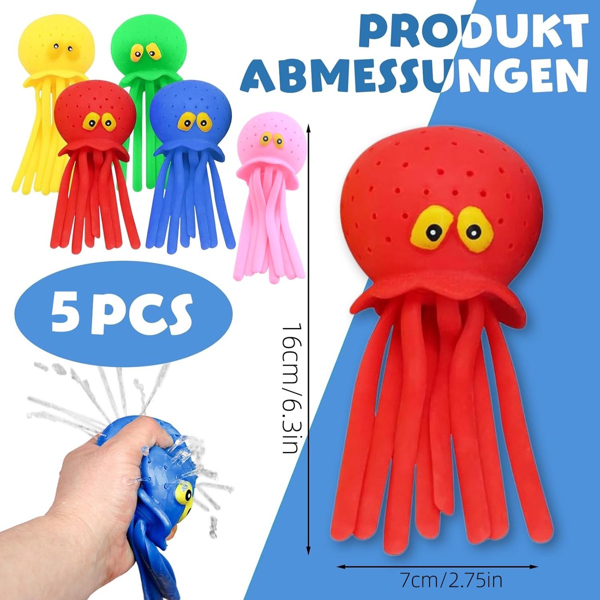 Set van 5 waterballen – Zwembadspeelgoed – Knijpbaar badspeelgoed – Absorberend waterspeelgoed – Octopusvorm – Zacht, elastisch – Interactief speelgoed voor kinderen – Voor zwembaden, badkuipen, stranden, waterparken (16 x 7 cm – Meerkleurig) – foto 2