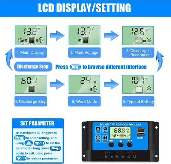 Zonne-laadregelaar met LCD-scherm dat verschillende instellingen toont, zoals hoofdweergave, zweefspanning en batterijtype.