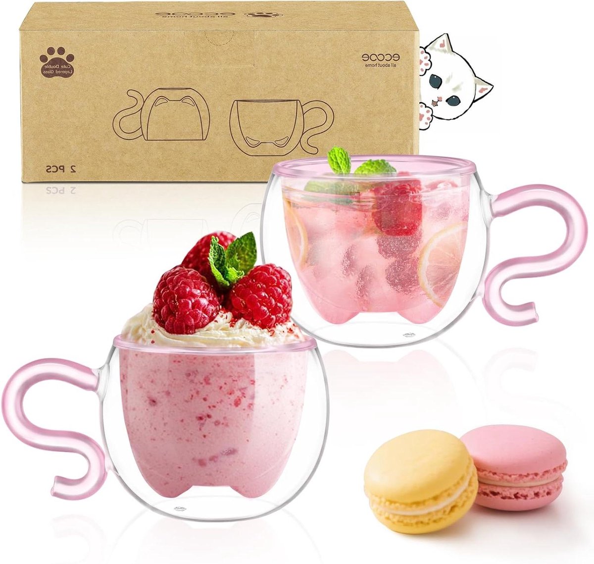 Dubbelwandige Mok - Koffiemok Theeglas - Warme Dranken - Schattig Kattenontwerp - 130 ml - Roze
