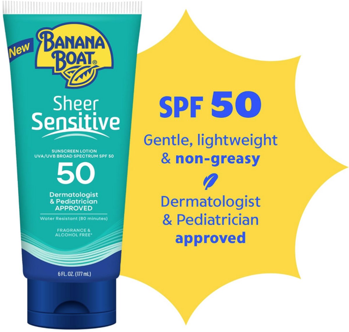 Banana Boat Sheer Sensitive Body Lotion SPF 50 (177 ml / 6 oz) – Zonnebrandcrème voor Gevoelige Huid – Parfumvrij, Lichtgewicht & Breed Spectrum UVA/UVB Bescherming