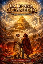 Poster voor La Divina Commedia: Infero, Purgatorio, Paradiso. Twee mannen, Dante en Vergilius, staan voor een berglandschap met engelen.