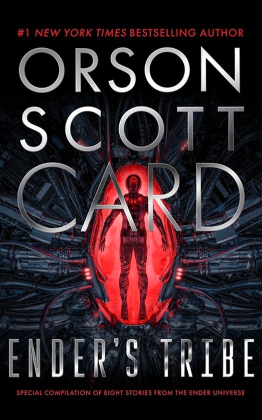 Boekomslag van Ender's Tribe door Orson Scott Card, toont een zwevend figuur in een rode technologische capsule.