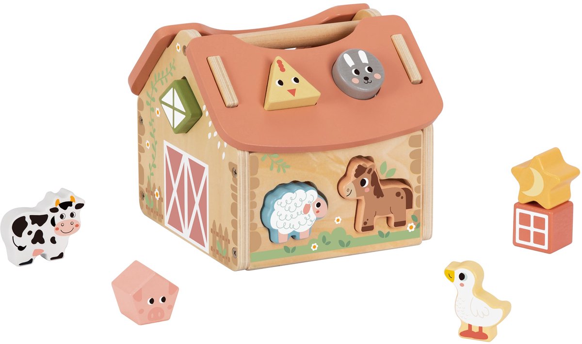 Tooky Toy Boerderij met Vormenstoof - FSC Hout - Boerderijdieren - Geschikt voor 1+ Jaar (Dreumes) - Shape Sorter - Blokkendoos - Educatief & Montessori Speelgoed