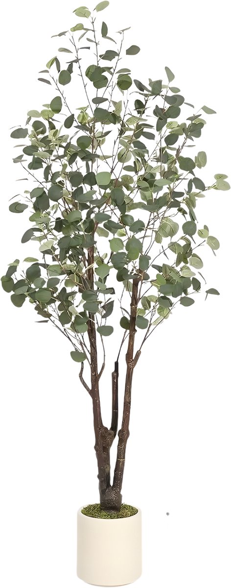 Happiq Kunstmatige eucalyptusboom - Voor thuiskantoor - Decoratieve kamerplant met LED-verlichting - Groen met witte plantenbak - Groen-180cm