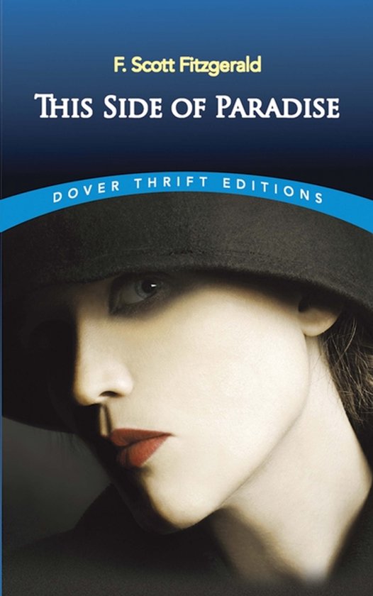 Boekomslag 'This Side of Paradise' door F. Scott Fitzgerald met close-up van een vrouw met een zwarte hoed en rode lippen.