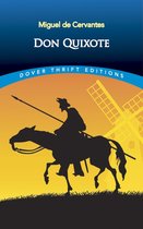 Boek "Don Quixote" van Miguel de Cervantes. Zwart silhouet van ridder te paard tegen oranje lucht met molen.
