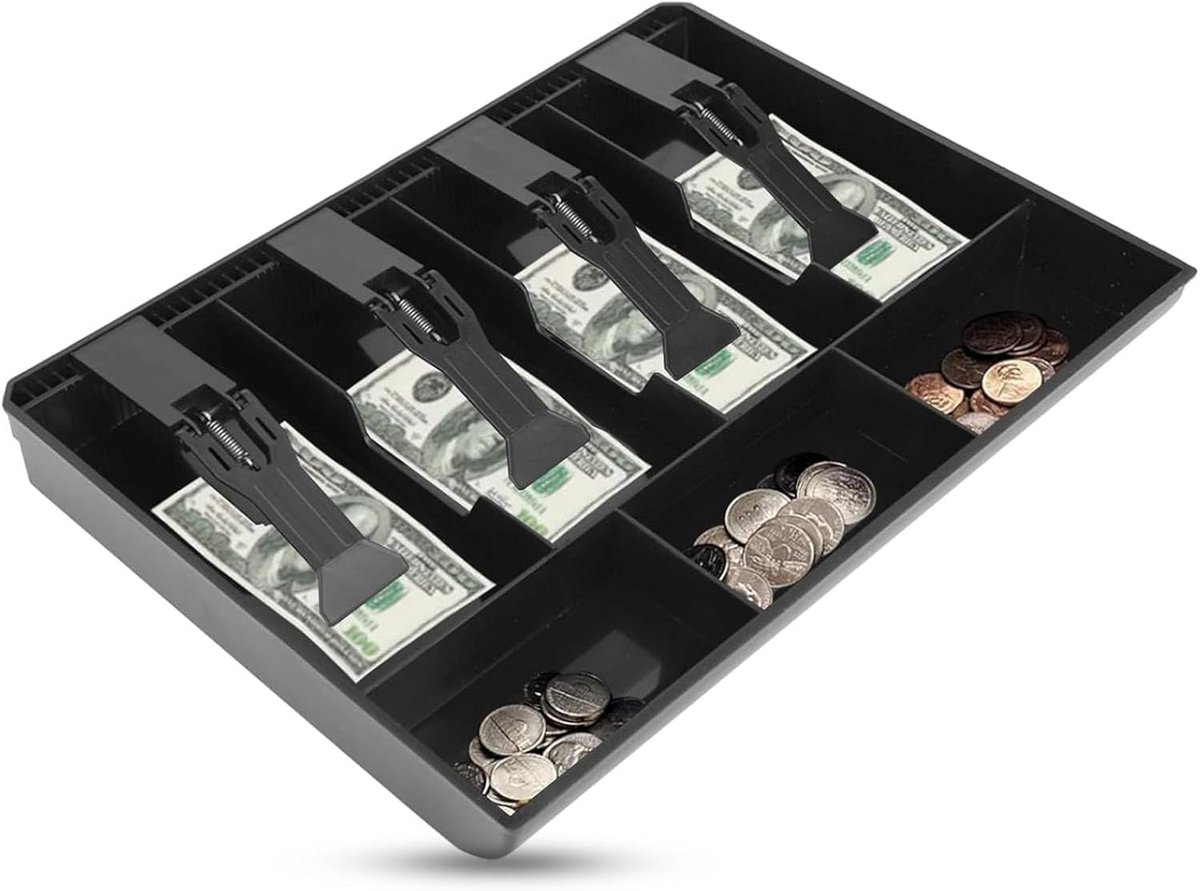 Cash Register Tray - Cash Box - Cash Drawer Insert Tray Replacement - 4 Bills - 3 Coins - Geldopslag Box - 12.6" X 9.6" X 1.4" (Zwart)