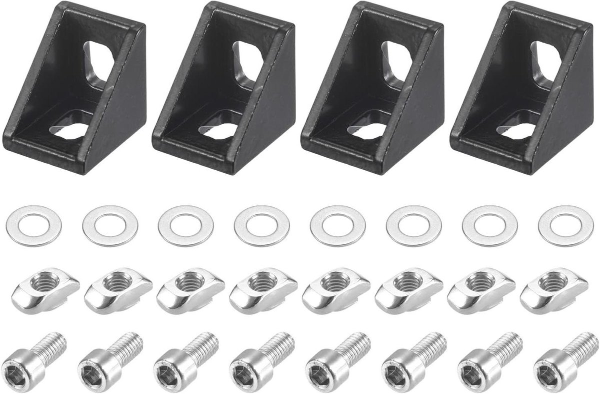 Hoekverbinder Set - L-beugel Bevestiging - Profielen Versterken - Compleet met M5 T-Slot Moeren - 20x20x17mm - Zwart