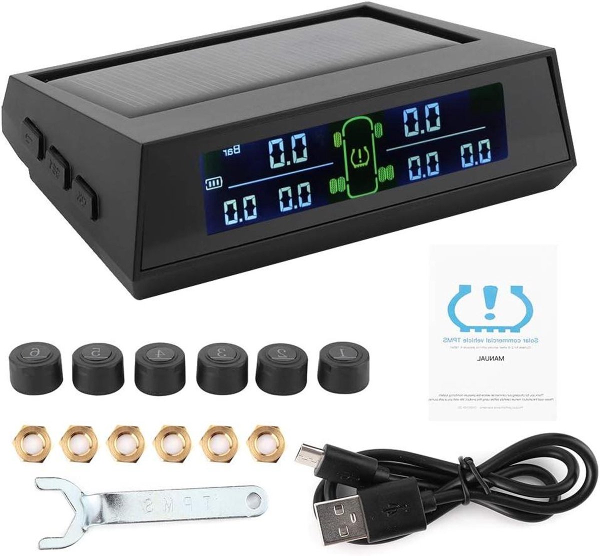 Bandenspanning Detector - TPMS Monitor Systeem - Veilig Rijden - Zonne-energie Ontvanger - 6 Externe Sensoren - Zwart