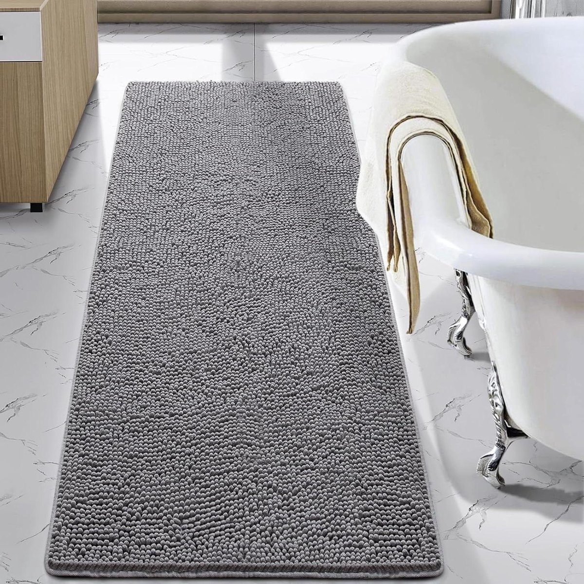 Badkamer Tapijt - Badmat Antislip - Voeten Drogen - Hoogpolig Chenille - 60x178 cm - Grijs