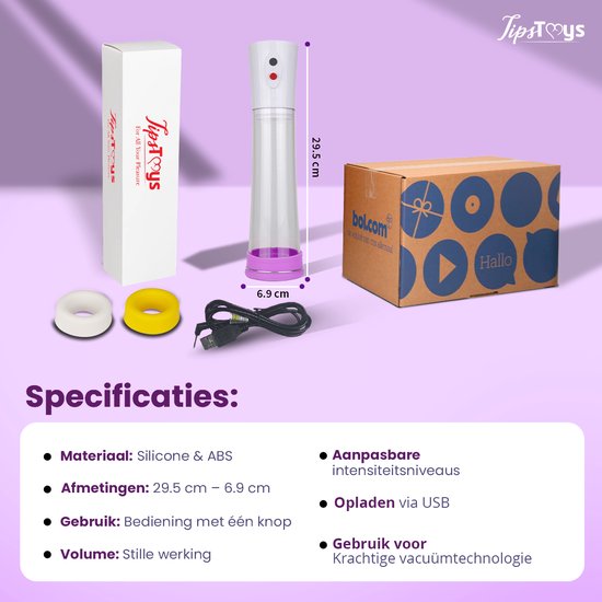 Penispomp met doos, USB-kabel, verschillende maten ringen en specificaties: 29,5 cm lang, 6,9 cm diameter.